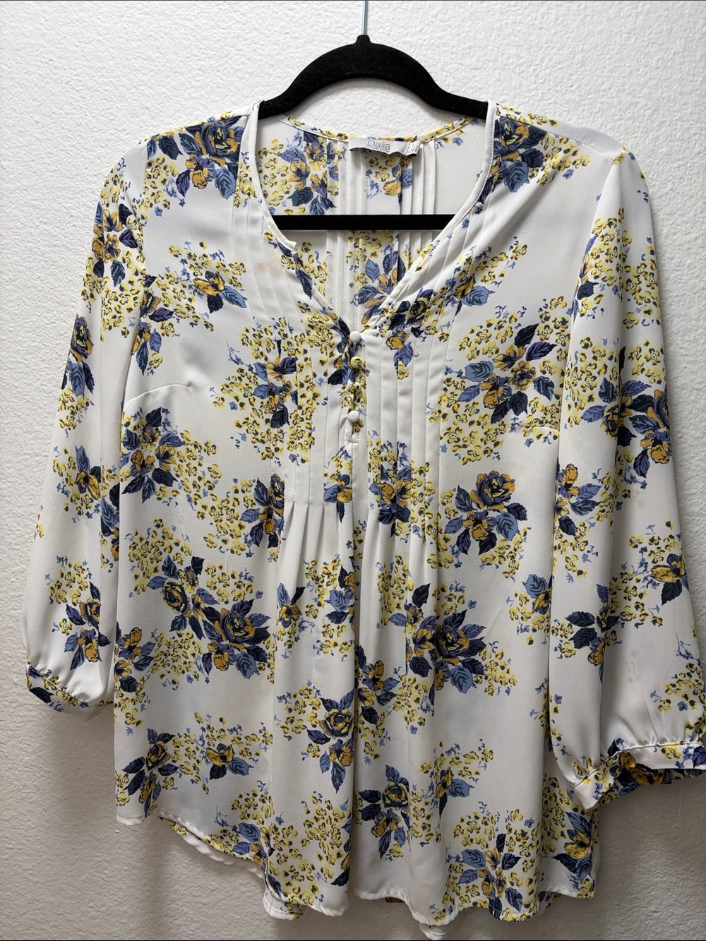 Floral Pintuck V-Neck Blouse - White with Blue & Yellow